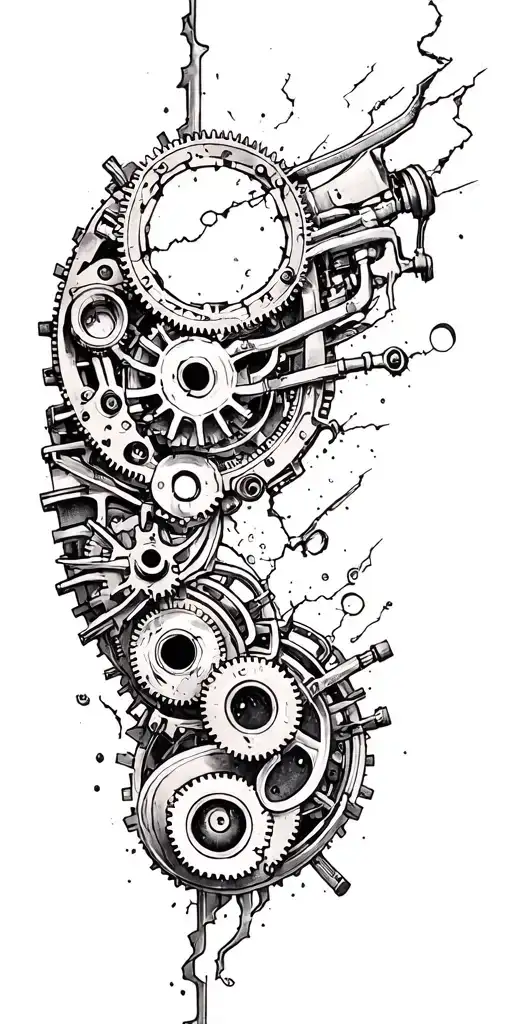 metal parts, gears, pipes, wires, torn skin effect,  realism, black and gray color scheme.  tattoo design idea