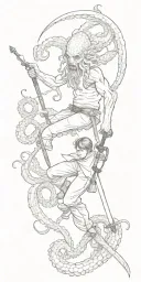 one boy with sword fights octopus tattoo design idea