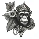 a monkey with a crown holding a poppy flower with a willow tree in the background with a moth on it, a star wars ship  tattoo design idea