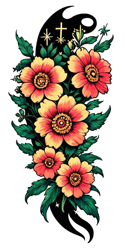 small traditional flowers surrounded by big black negative spaces embellished with micro sparkles and crosses  tattoo design idea