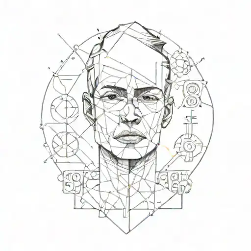 A grungy portrait of a person with a cartoonish twist, surrounded by mathematical symbols and colorful geometric shapes tattoo design idea