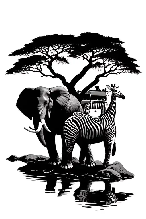 safariwith elephant, giraffe, zebra and tourist vehicle at water hole tattoo design idea