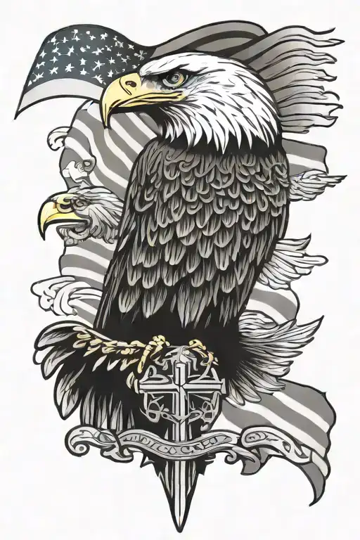 religious cross and bald eagle and flag waving tattoo design idea