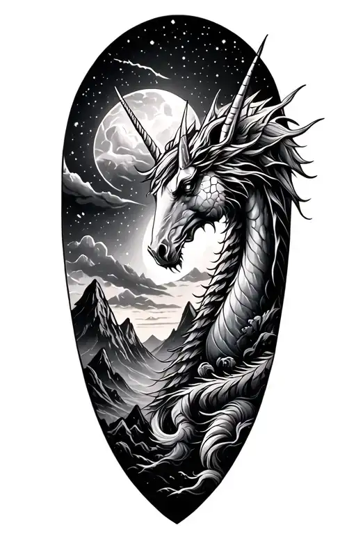 stars, mountain, dragon, unicorn surrounded tattoo design idea