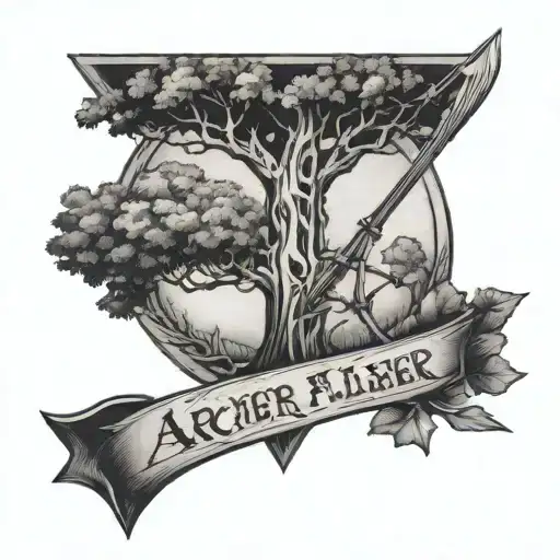bow arrow and tree with the names archer, blair and fletcher tattoo design idea