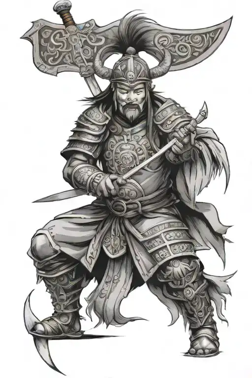 Mongolian warrior with a mask holding sword tattoo design idea