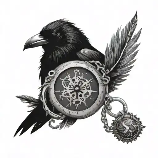 Raven ring connected to a pocket watch chain 22:00, feathers, runes, broken dial, full moon background, tattoo design idea