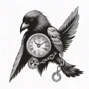 Raven ring connected to a pocket watch chain 22:00, feathers, runes, broken dial, full moon background, tattoo design idea