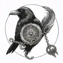 Raven ring connected to a pocket watch chain 22:00, feathers, runes, broken dial, full moon background, tattoo design idea