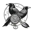 Raven ring connected to a pocket watch chain 22:00, feathers, runes, broken dial, full moon background, tattoo design idea
