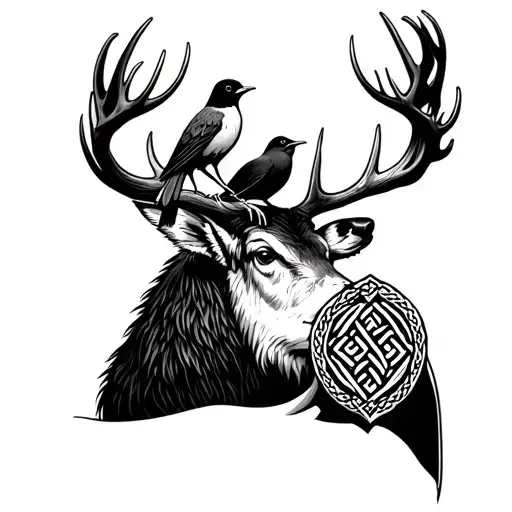 stag head, wren bird sitting on stag, shield with Celtic knots on edge of shield  tattoo design idea