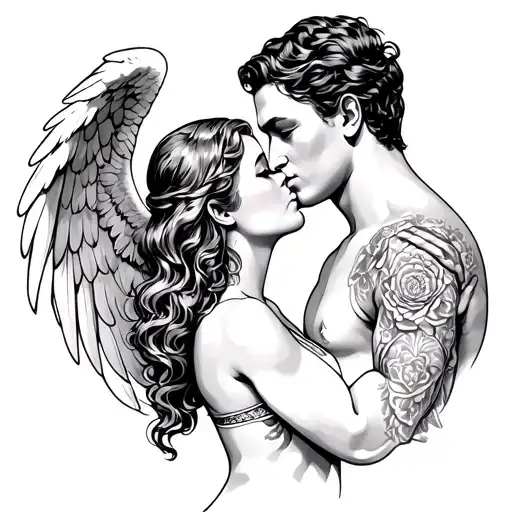 Angel woman kisses a man only a contour tattoo design idea