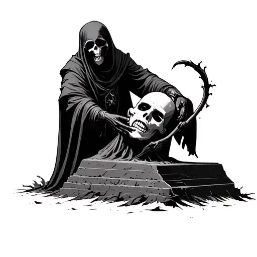 grim reaper pulling head from grave tattoo design idea