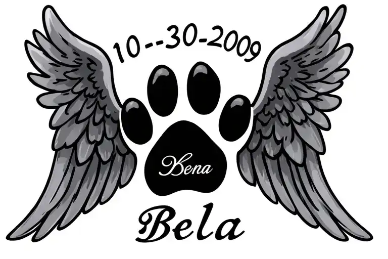 paw print with angel wings around and the dates 10-30-2009 and the name Bella in it tattoo design idea
