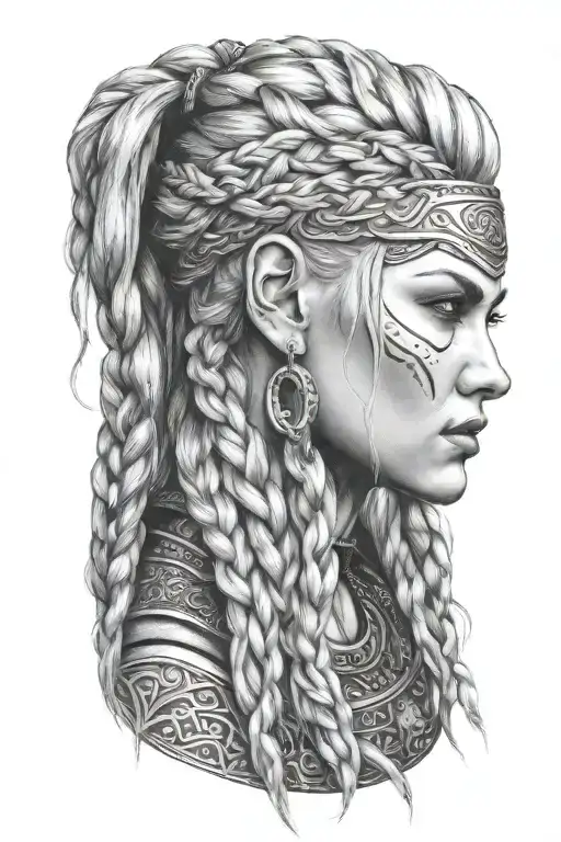 blonde viking woman face profil braids tattoo design idea