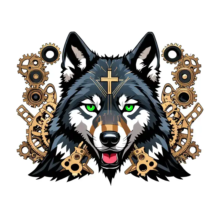 steampunk wolf with gears and emerald green eyes and a cross tattoo design idea