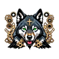 steampunk wolf with gears and emerald green eyes and a cross tattoo design idea