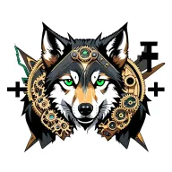 steampunk wolf with gears and emerald green eyes and a cross tattoo design idea