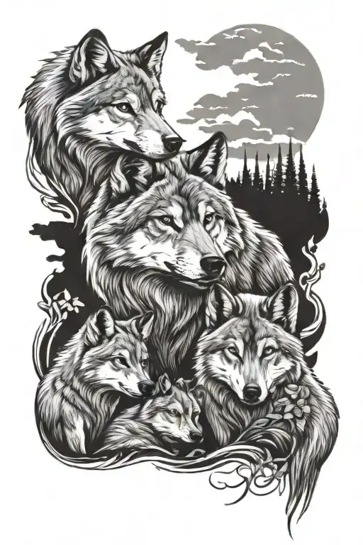 wolf with 3 cubs tattoo design idea