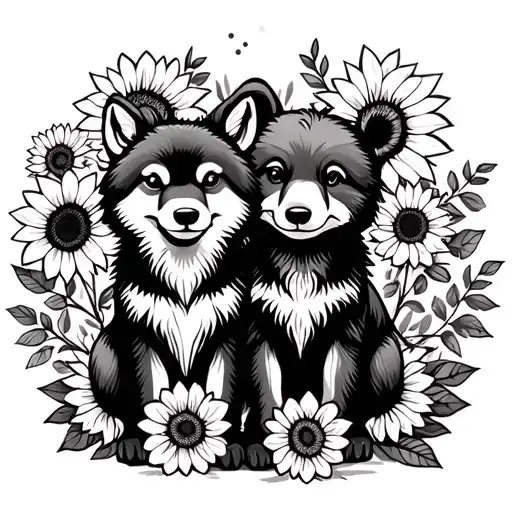  cute baby wolf and bear sitting with sunflowers and roses. black tattoo design idea