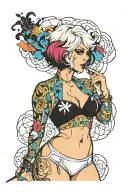 Sexy Woman, short white bob hairstyle, Petite Body, huge cleavage, Thick Thighs, Big booty, Smoking cigarette, side view tattoo design idea