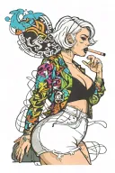 Sexy Woman, short white bob hairstyle, Petite Body, huge cleavage, Thick Thighs, Big booty, Smoking cigarette, side view tattoo design idea