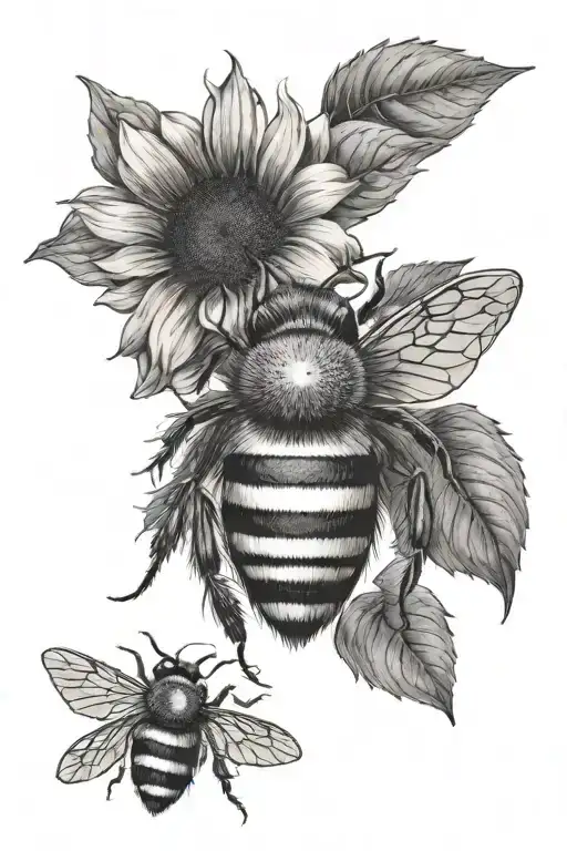 realistic heart with sunflower queen bee flying tattoo design idea