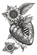 realistic heart with sunflower queen bee flying tattoo design idea