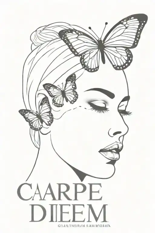 lined women face with a butterfly in her nose , with the text "carpe diem" above  tattoo design idea