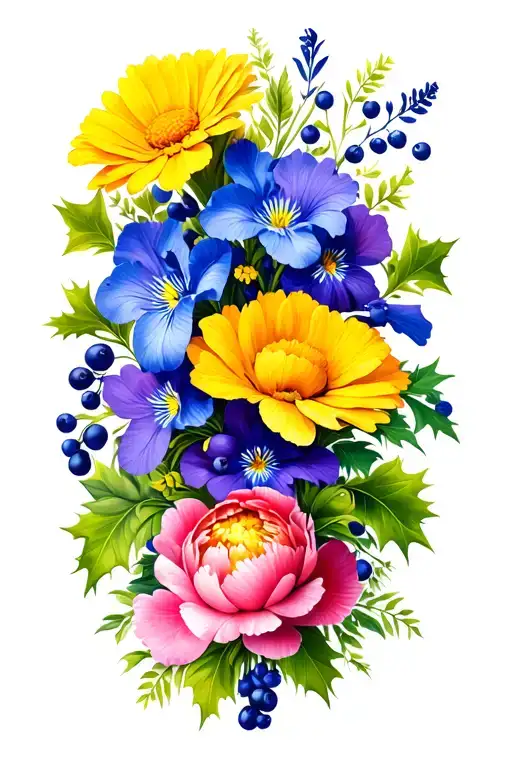 Design A tattoo of a Bouquet of flowers in yellow Marigold, blue Larkspur, Holly with berries, purple Iris, pink Peony,  tattoo design idea