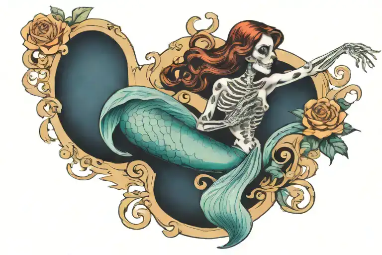 skeleton mermaid sitting tattoo design idea
