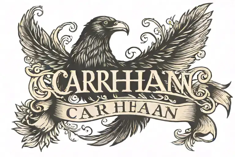 The word "Carhan" written in black with a crow's feather at the end tattoo design idea