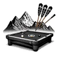 A billiards table with darts hitting the bullseye and a mountain range in the background tattoo design idea