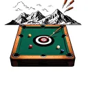 A billiards table with darts hitting the bullseye and a mountain range in the background tattoo design idea