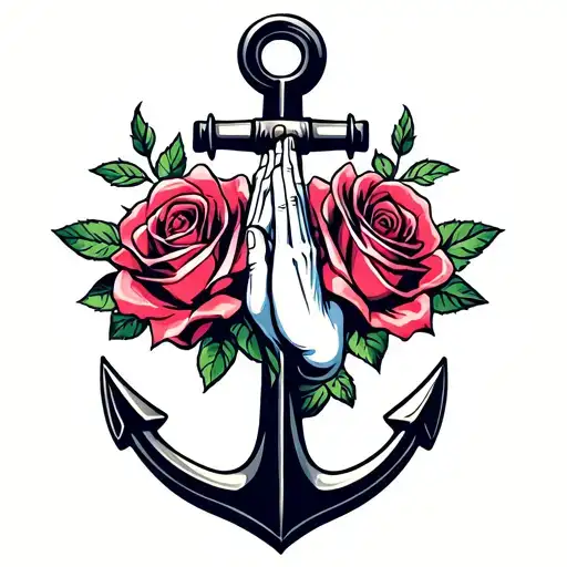 roses, anchor, praying hands tattoo design idea