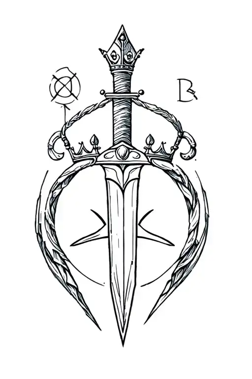 Small slightly detailed line tattoo with Excalibur and a crown and a triskelion all featuring within the tattoo tattoo design idea