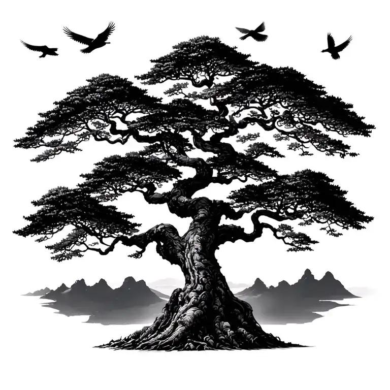 Japanese style large black and white tree  with 4 birds flying in the sky tattoo design idea