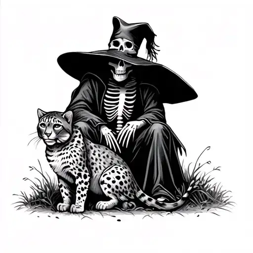 dark skeleton scarecrow with a grey snow leopard next to it in a New Orleans graveyard  tattoo design idea