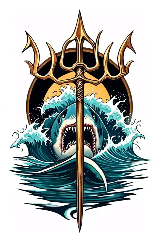 Poseidons Trident With Waves crashing and shark swimming tattoo design idea