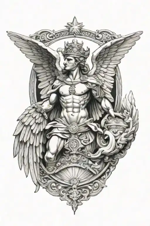 Hermes messenger god, winged crown, greek art, Greek symbolism, greek consolations star background tattoo design idea