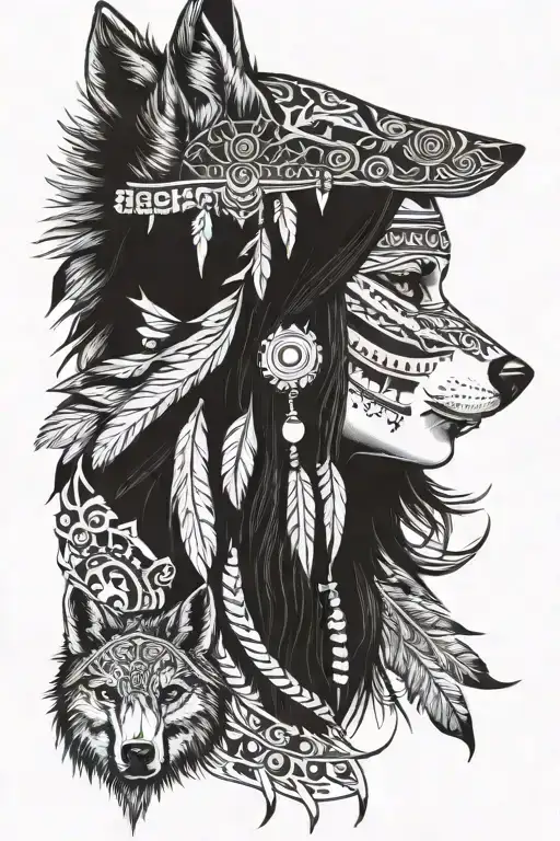 native american girl, wolf and skull  tattoo design idea