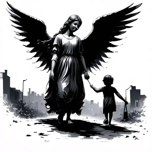 a beautiful angel watching over a boy and holding his little sister hand as they walk through a ghetto at night  tattoo design idea