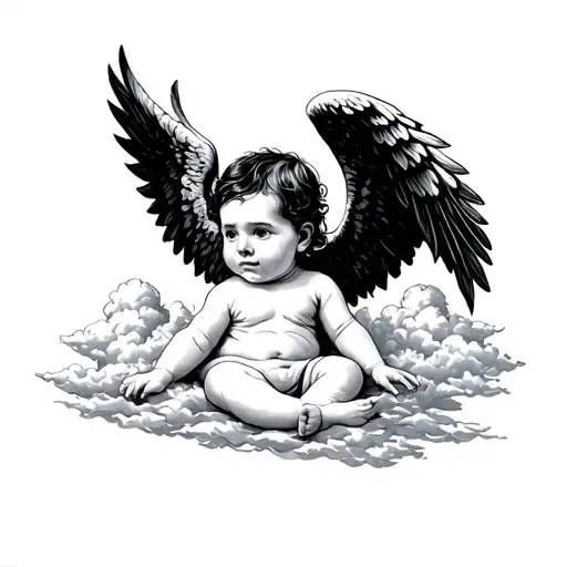 dark angel baby with clouds in the background representing tattoo design idea