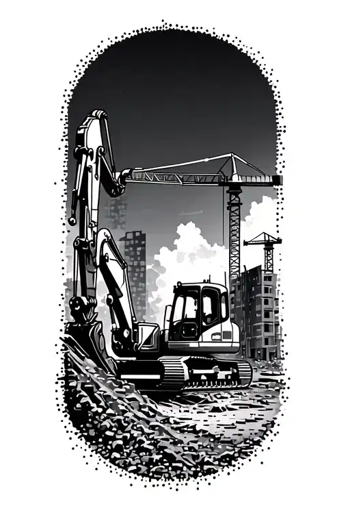 A dotwork pattern of a construction site, with tiny dots forming the outline of an excavator in action, surrounded by buildings and cranes tattoo design idea