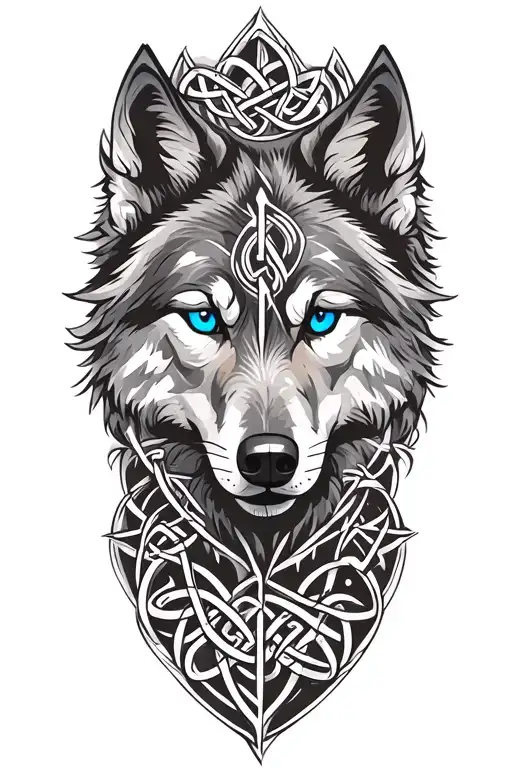 wolf with blue eyes featuring Celtic trinity knot clock tattoo design idea