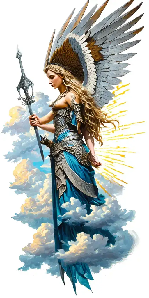 norse Valkyrie, clouds, rays, Colombia tattoo design idea