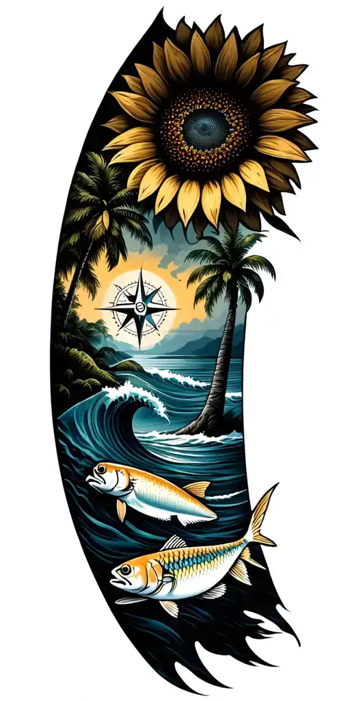 compass, oceanwaves, palm trees, sunflower, blue claw crab, fish, surfer tattoo design idea