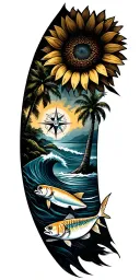 compass, oceanwaves, palm trees, sunflower, blue claw crab, fish, surfer tattoo design idea