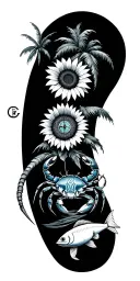 compass, oceanwaves, palm trees, sunflower, blue claw crab, fish, surfer tattoo design idea