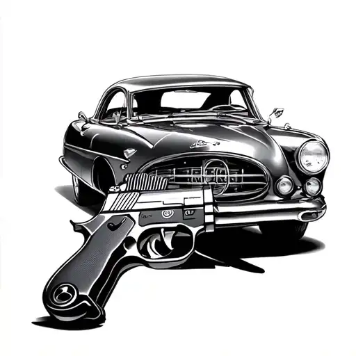 James Bond and car and gun intertwined tattoo design idea